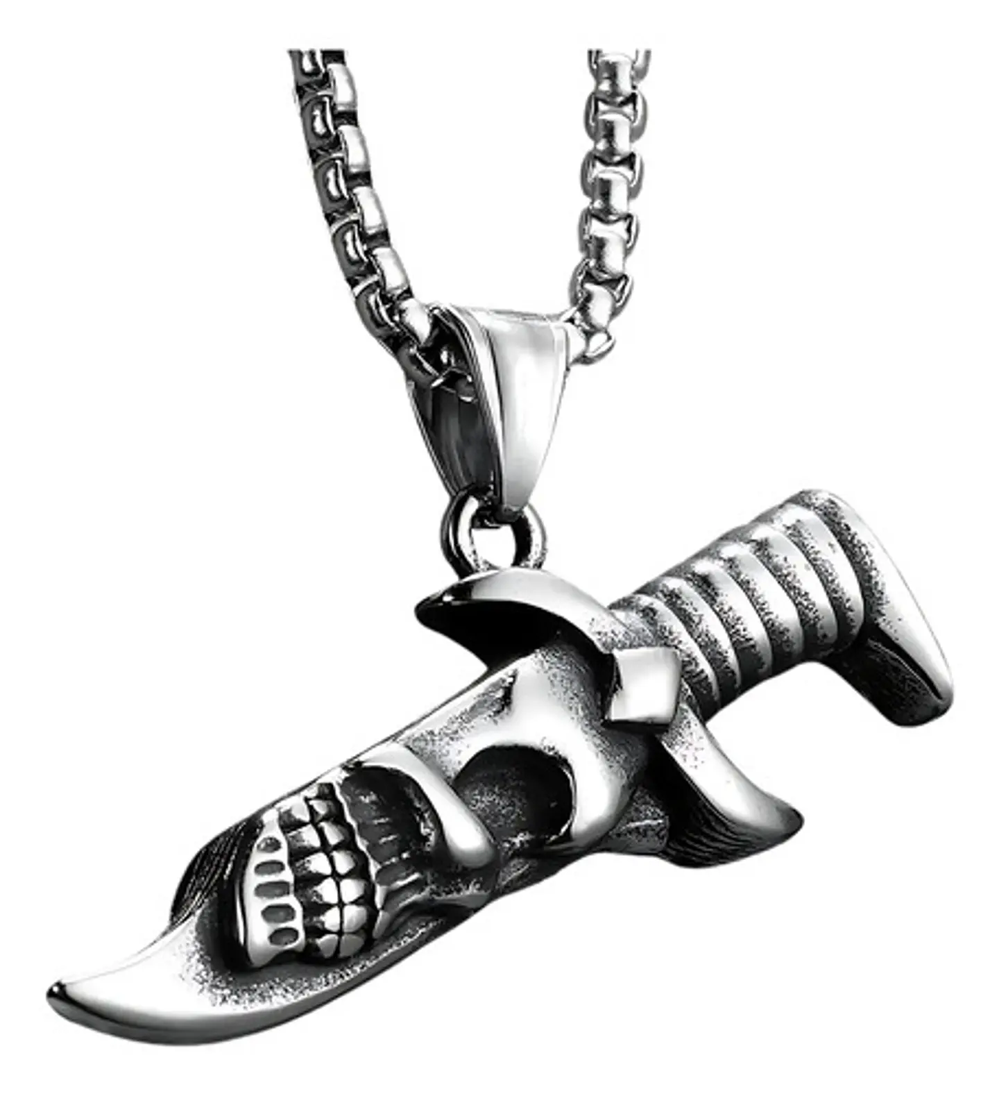 Collar Para Hombres Con Dije Navaja Cráneo Calavera Cuchillo Plateado 1
