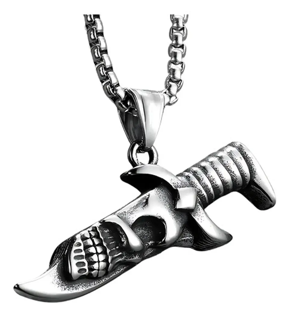 Collar Para Hombres Con Dije Navaja Cráneo Calavera Cuchillo Plateado 1