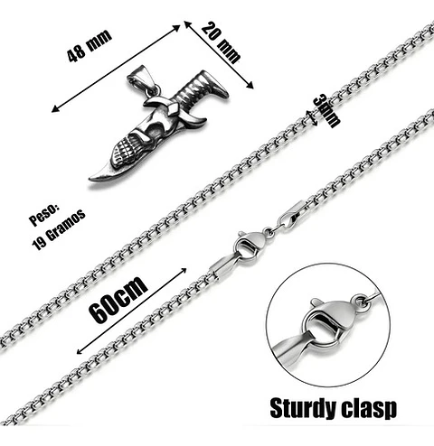 Collar Para Hombres Con Dije Navaja Cráneo Calavera Cuchillo Plateado