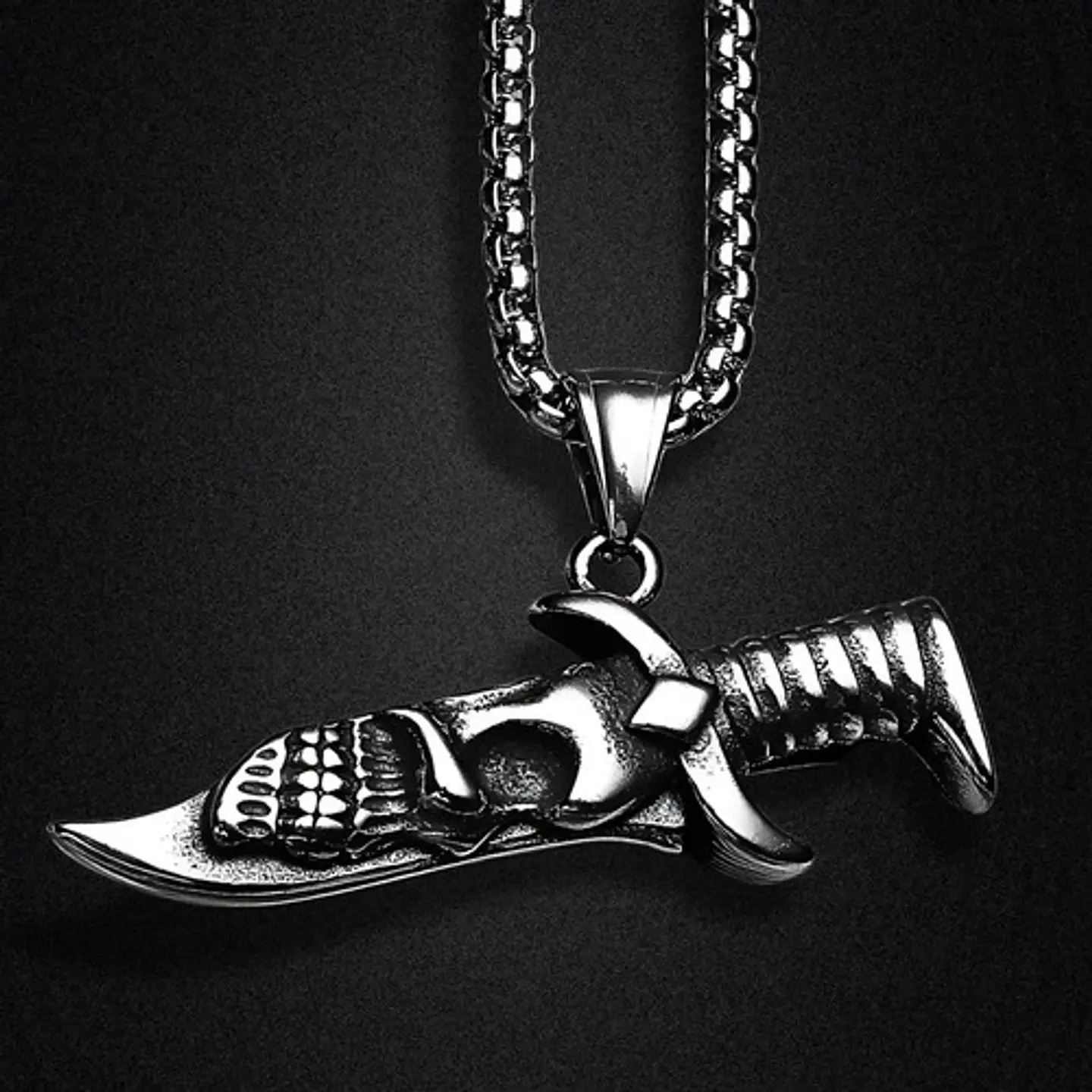Collar Para Hombres Con Dije Navaja Cráneo Calavera Cuchillo Plateado 4