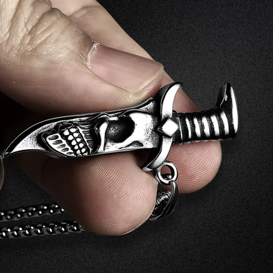 Collar Para Hombres Con Dije Navaja Cráneo Calavera Cuchillo Plateado 6