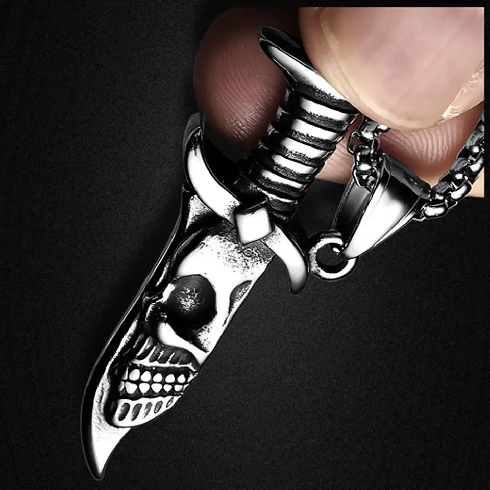 Collar Para Hombres Con Dije Navaja Cráneo Calavera Cuchillo Plateado 7