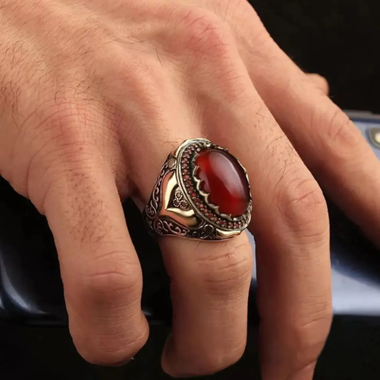 Anillo Color Plata Estilo Árabe Piedra Vintage Hombre Mujer 8