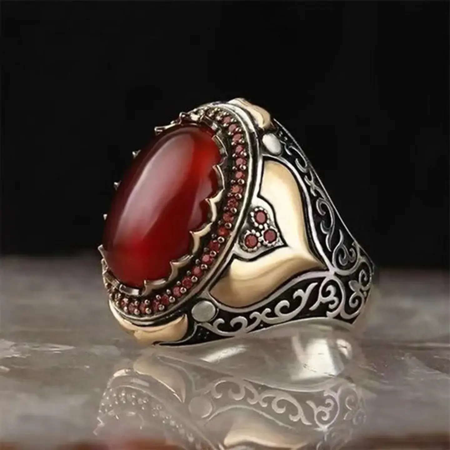 Anillo Color Plata Estilo Árabe Piedra Vintage Hombre Mujer 10
