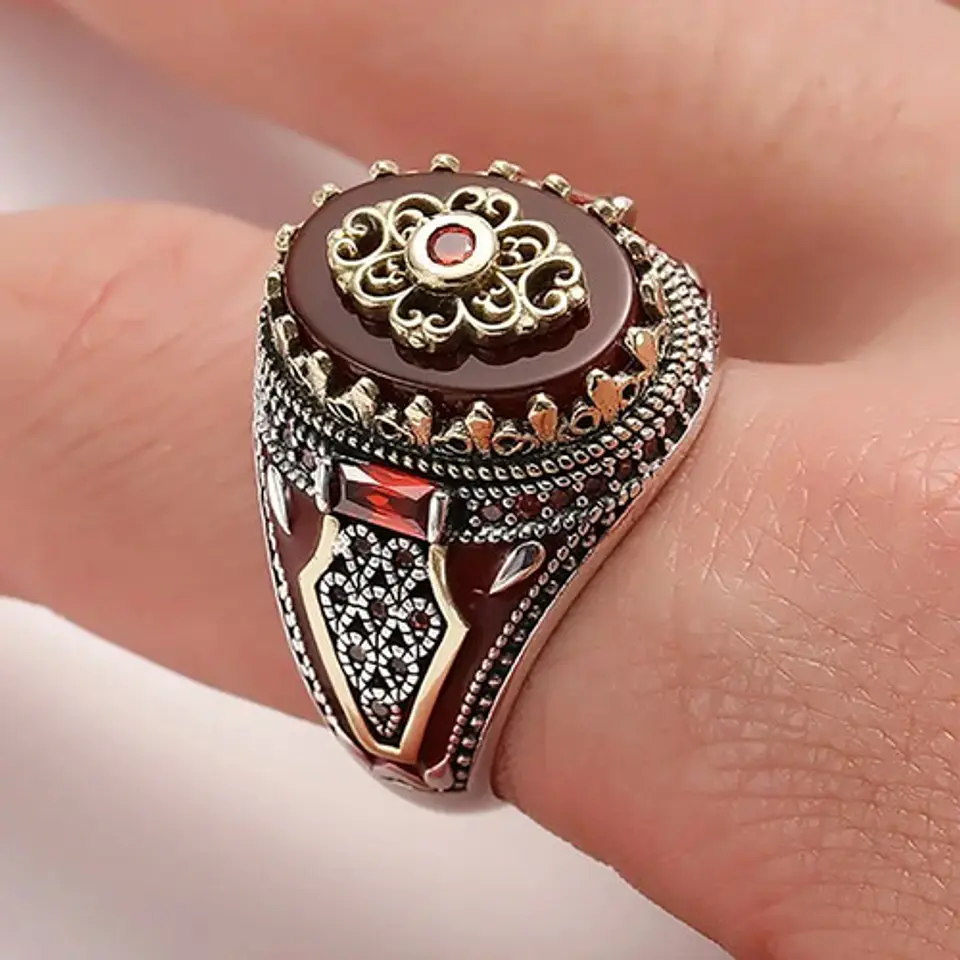 Anillo Color Plata Estilo Árabe Piedra Vintage Hombre Mujer 22