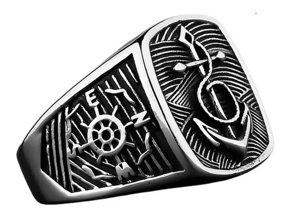 Anillo Acero Color Plata Ancla Militar Marina Marinos Hombre 1
