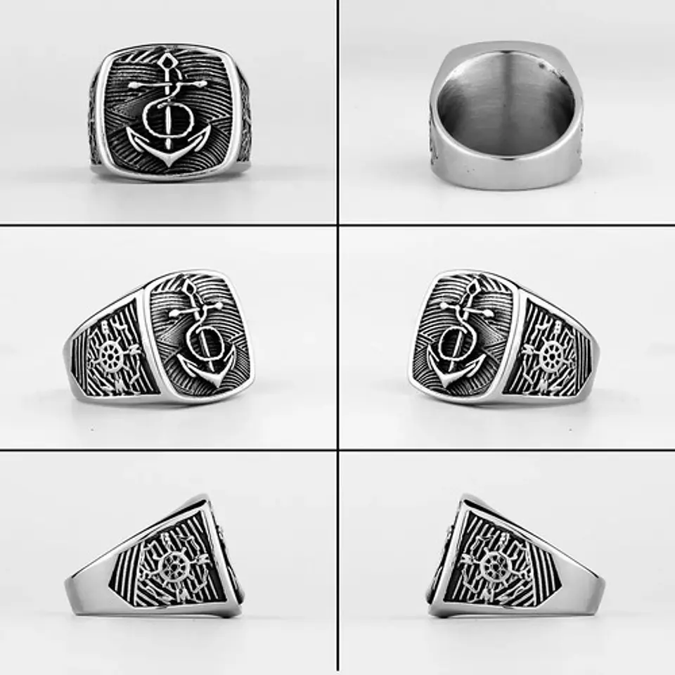 Anillo Acero Color Plata Ancla Militar Marina Marinos Hombre 3