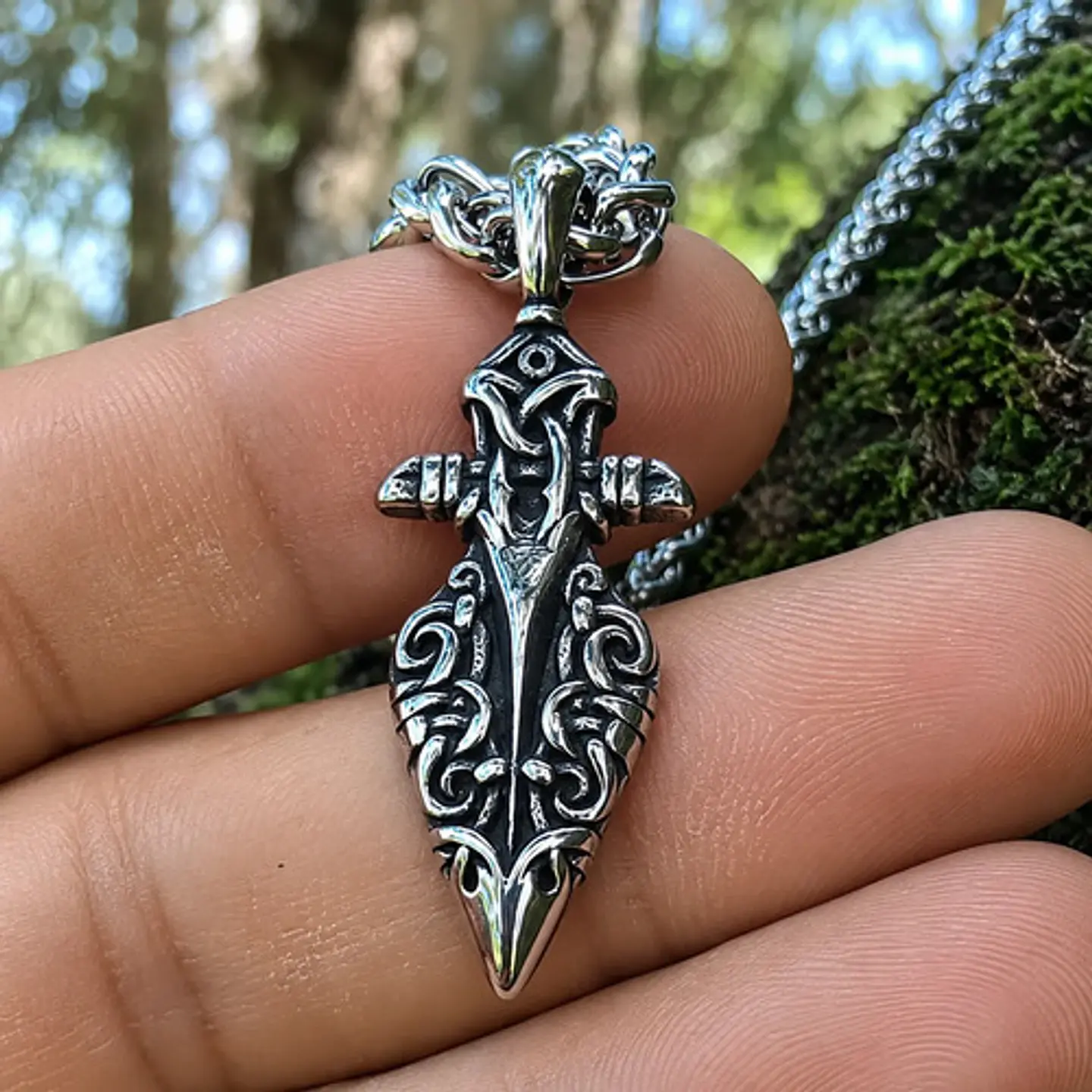 Collar Vikingo Plateado Acero Hombre Dije Lanza Odin Gungnir 3