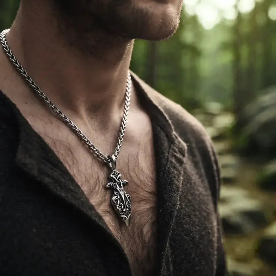 Collar Vikingo Plateado Acero Hombre Dije Lanza Odin Gungnir 4