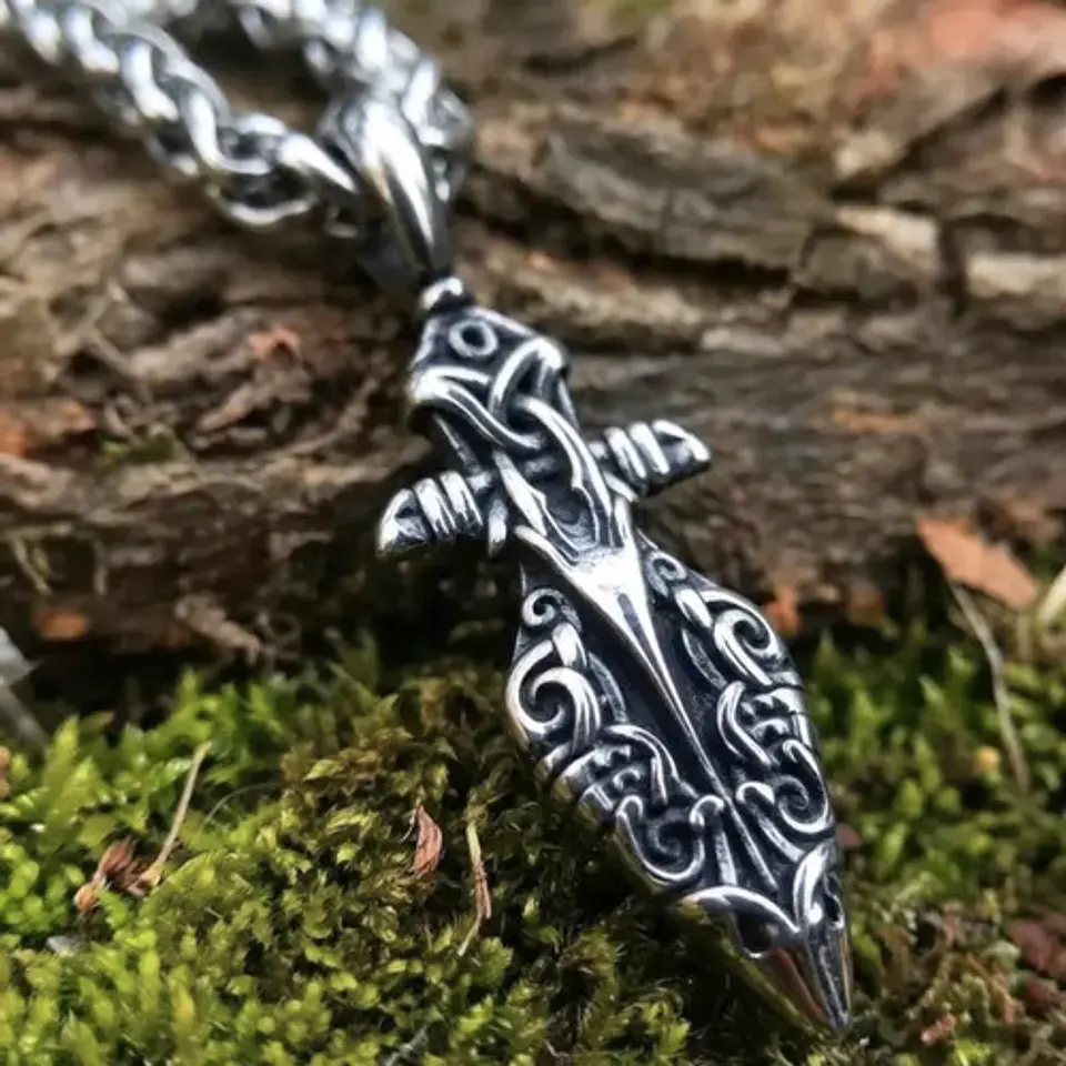 Collar Vikingo Plateado Acero Hombre Dije Lanza Odin Gungnir 5