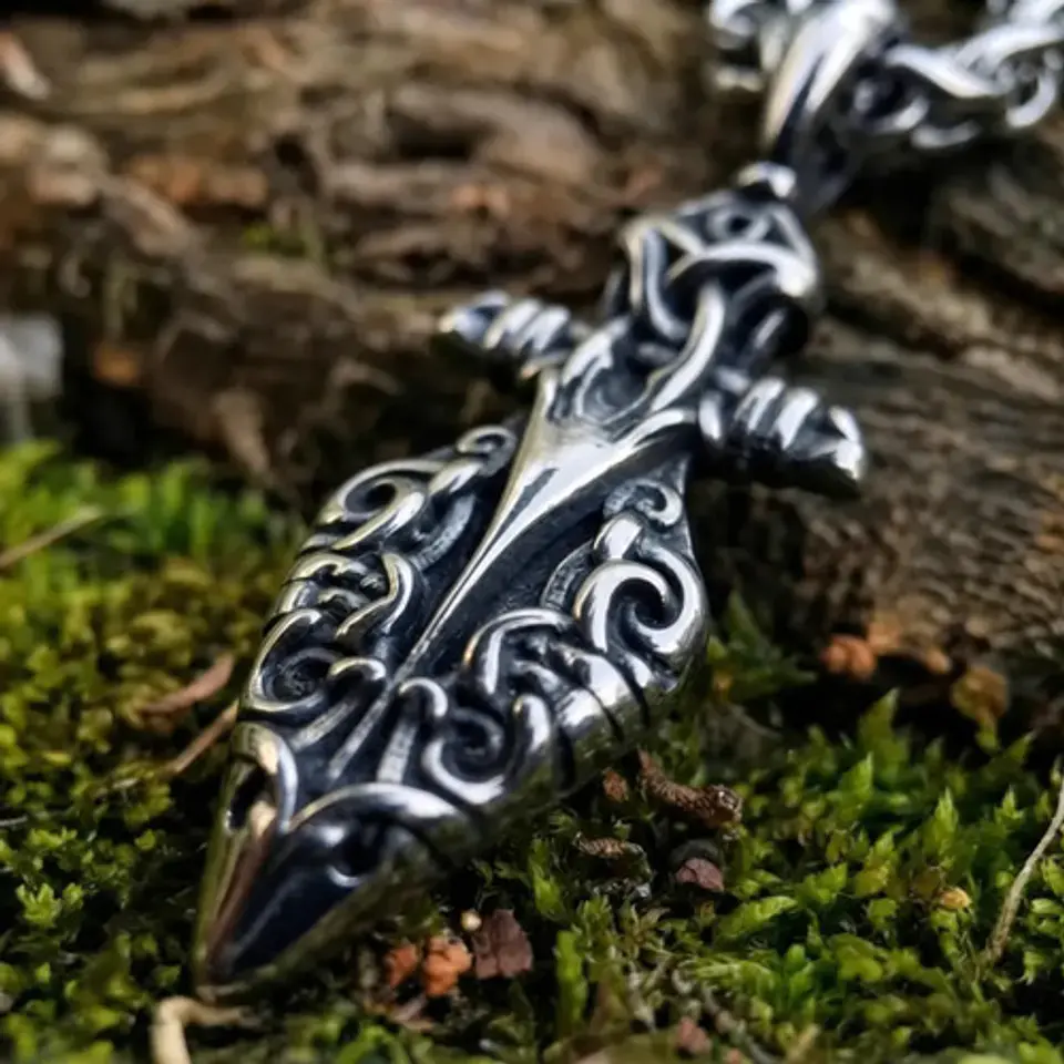 Collar Vikingo Plateado Acero Hombre Dije Lanza Odin Gungnir 6