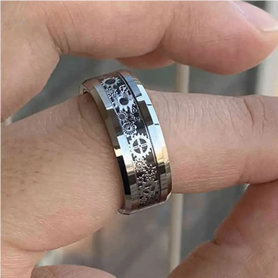 Anillo Argolla Engranaje Color Plata Acero Inoxidable Hombre 6