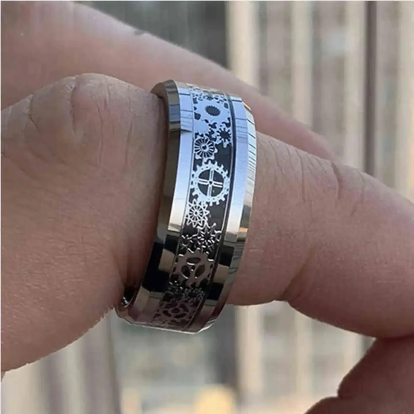 Anillo Argolla Engranaje Color Plata Acero Inoxidable Hombre 7