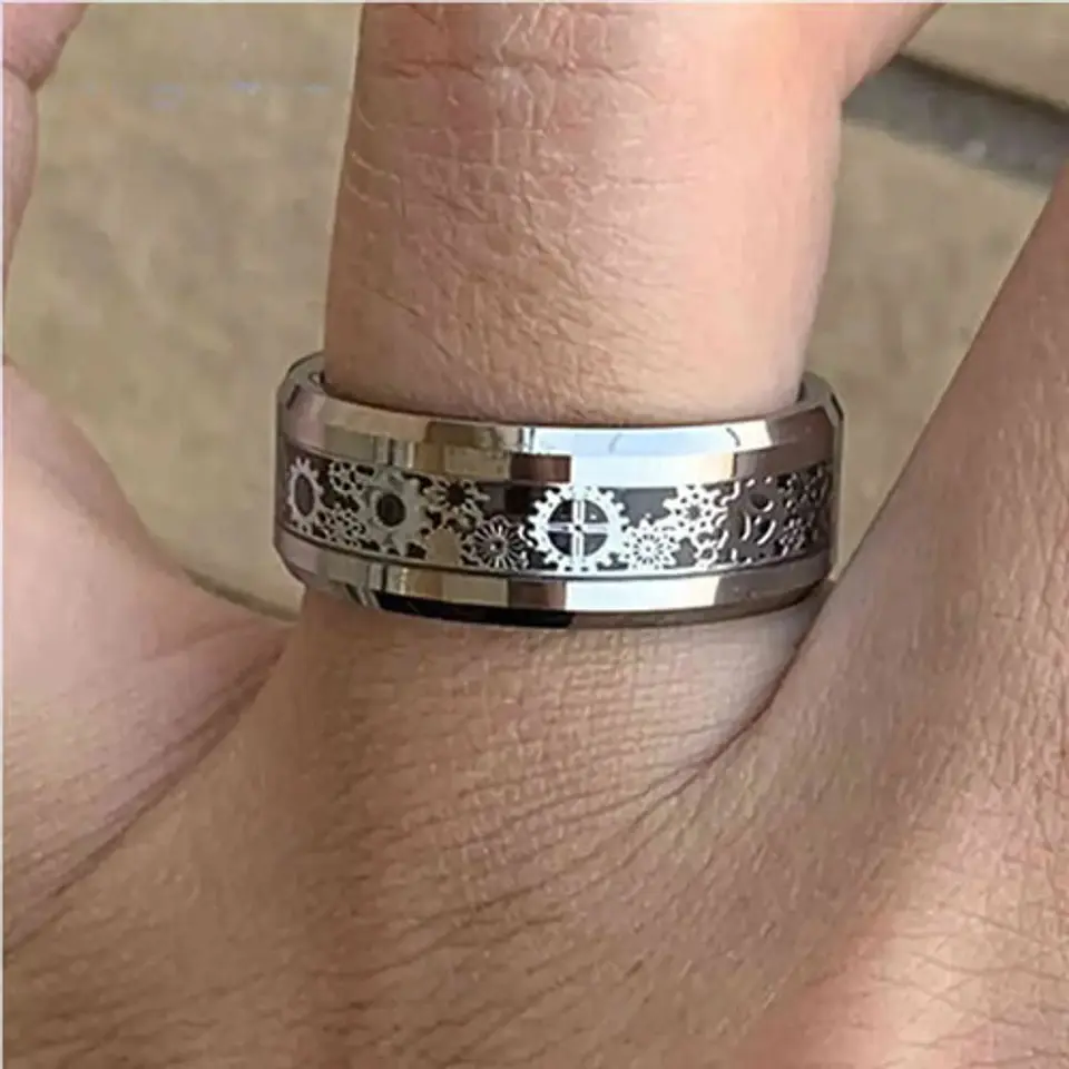 Anillo Argolla Engranaje Color Plata Acero Inoxidable Hombre 8