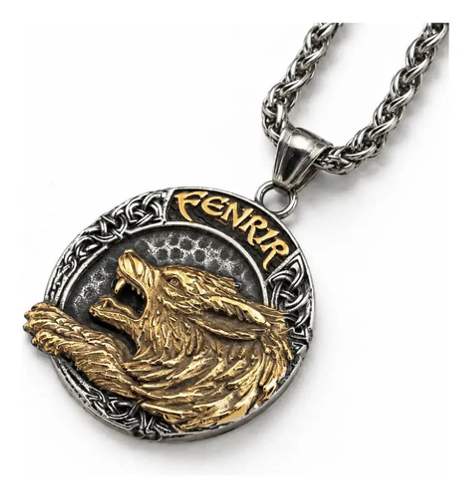Collar Vikingo Dorado En Acero Para Hombre Dije Lobo Fenrir 1