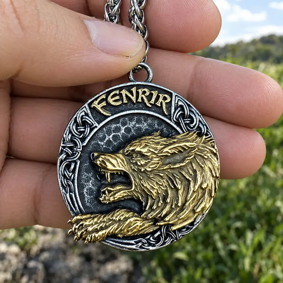 Collar Vikingo Dorado En Acero Para Hombre Dije Lobo Fenrir 4