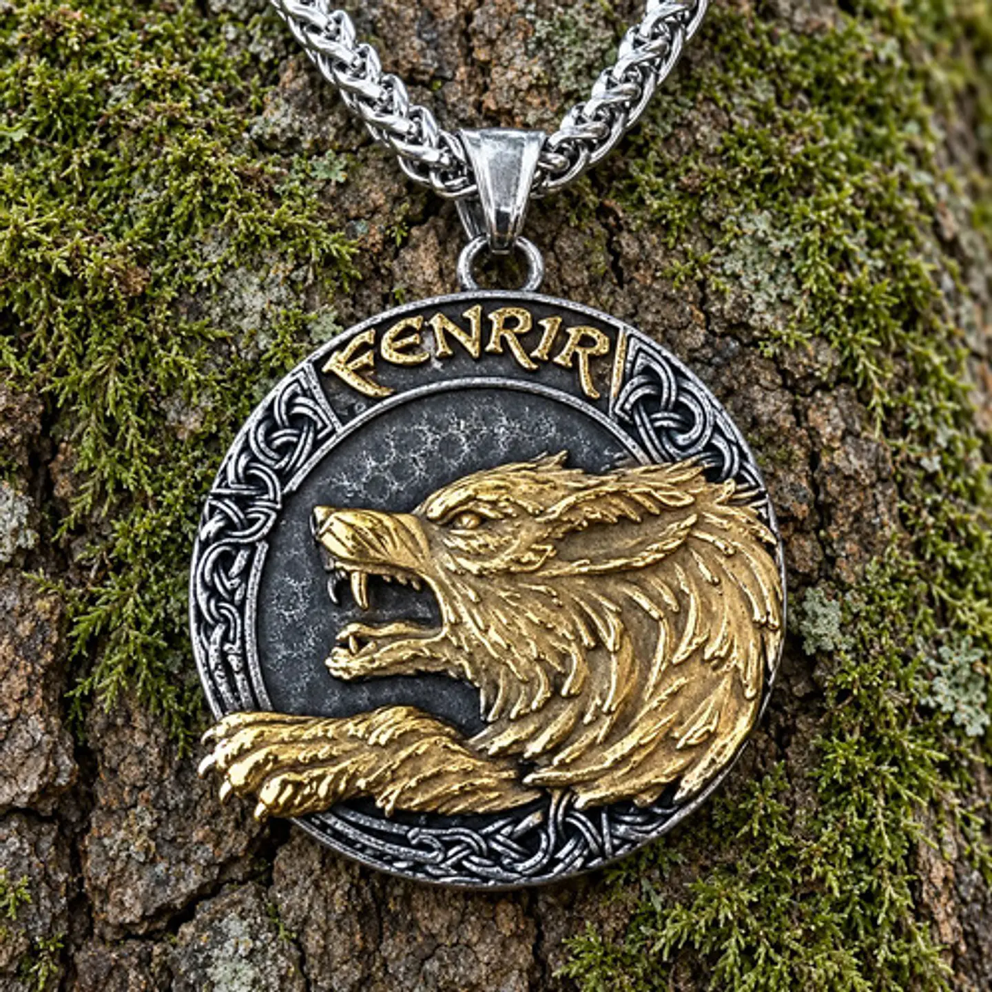 Collar Vikingo Dorado En Acero Para Hombre Dije Lobo Fenrir 5