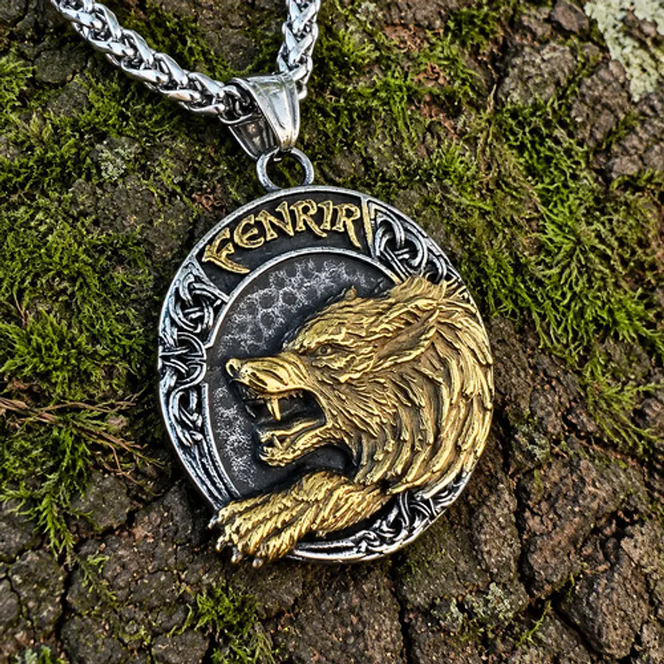 Collar Vikingo Dorado En Acero Para Hombre Dije Lobo Fenrir 7