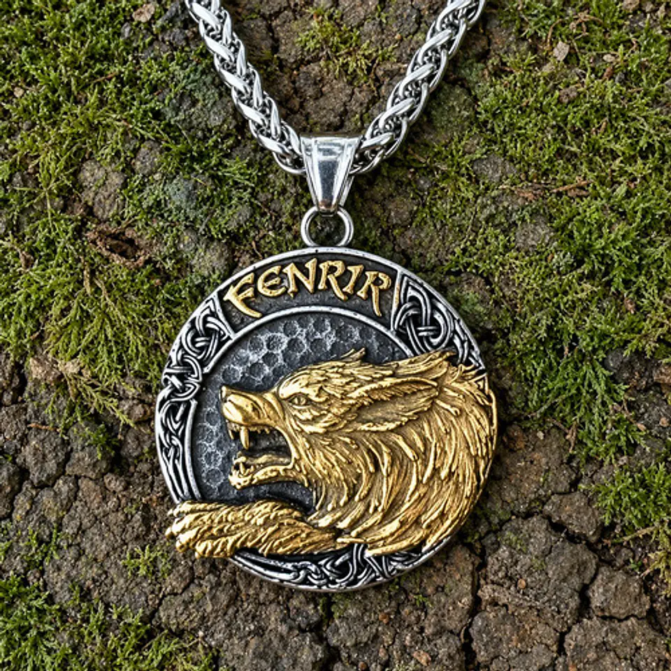 Collar Vikingo Dorado En Acero Para Hombre Dije Lobo Fenrir 8