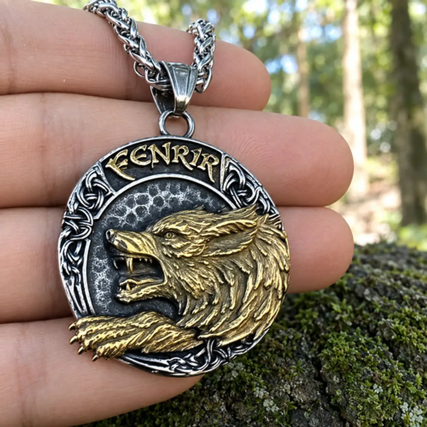 Collar Vikingo Dorado En Acero Para Hombre Dije Lobo Fenrir 10