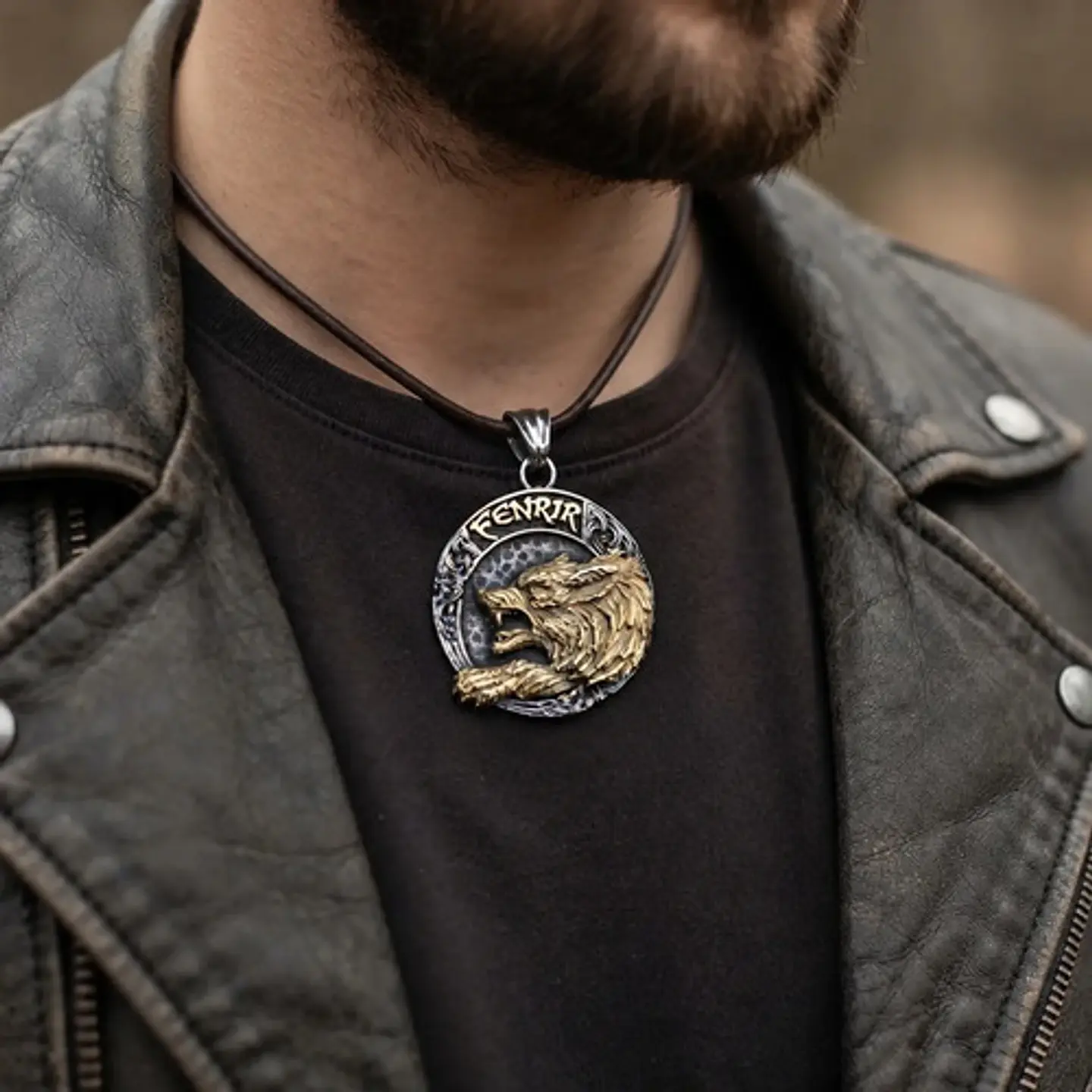 Collar Vikingo Dorado En Acero Para Hombre Dije Lobo Fenrir 11
