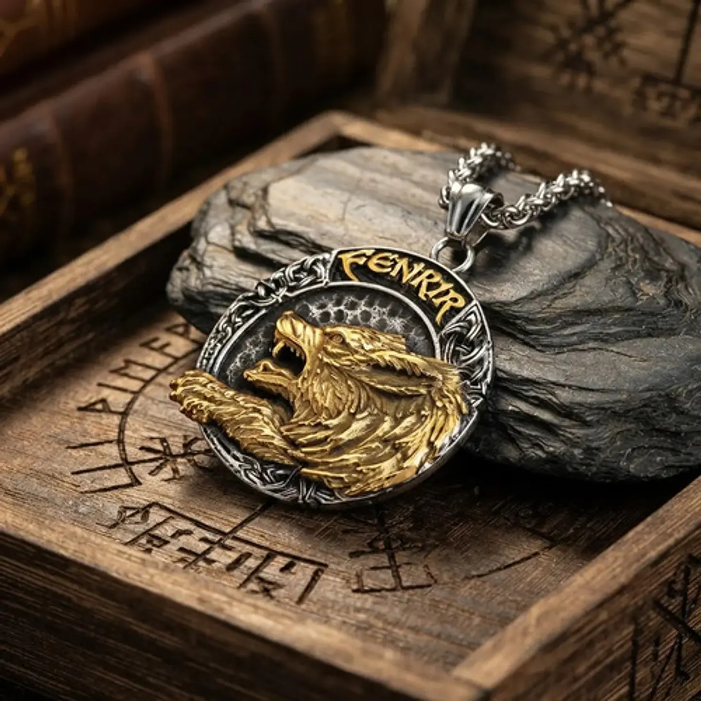 Collar Vikingo Dorado En Acero Para Hombre Dije Lobo Fenrir 12