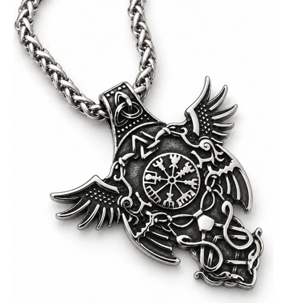Collar Vikingo Para Hombres Dije Cuervos Brújula Vegvisir 1