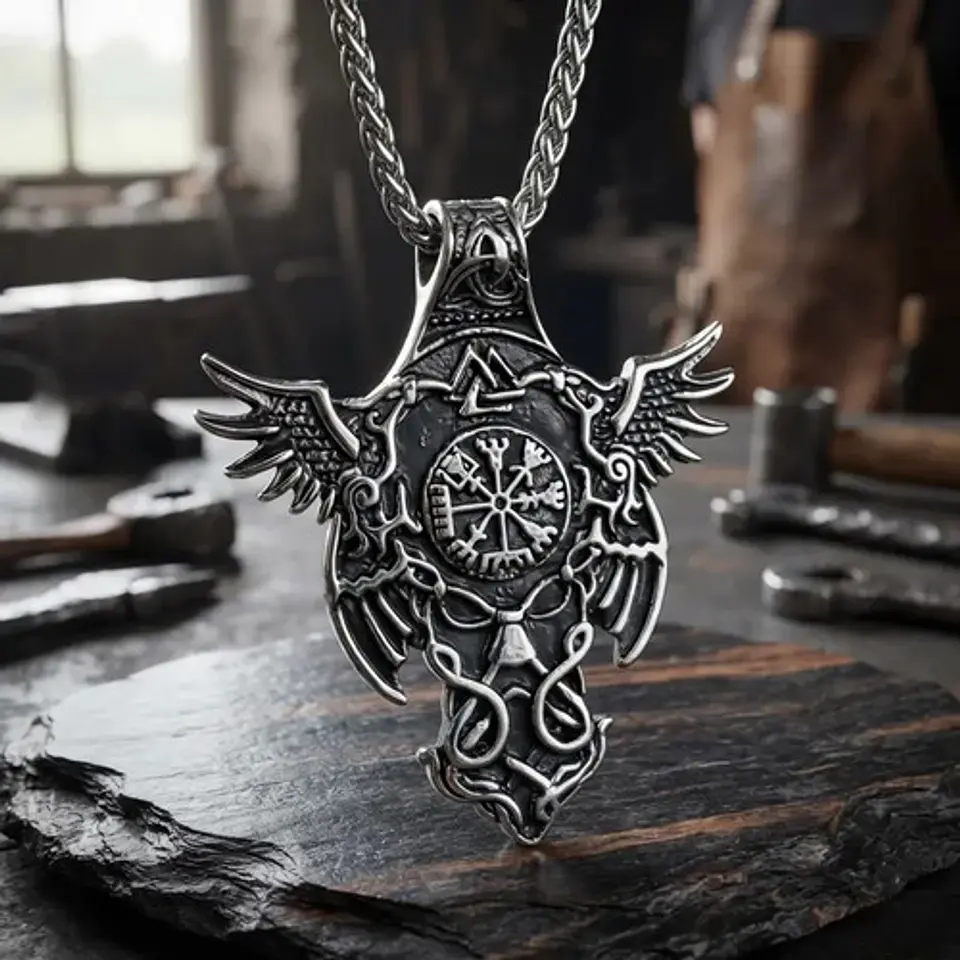 Collar Vikingo Para Hombres Dije Cuervos Brújula Vegvisir 2