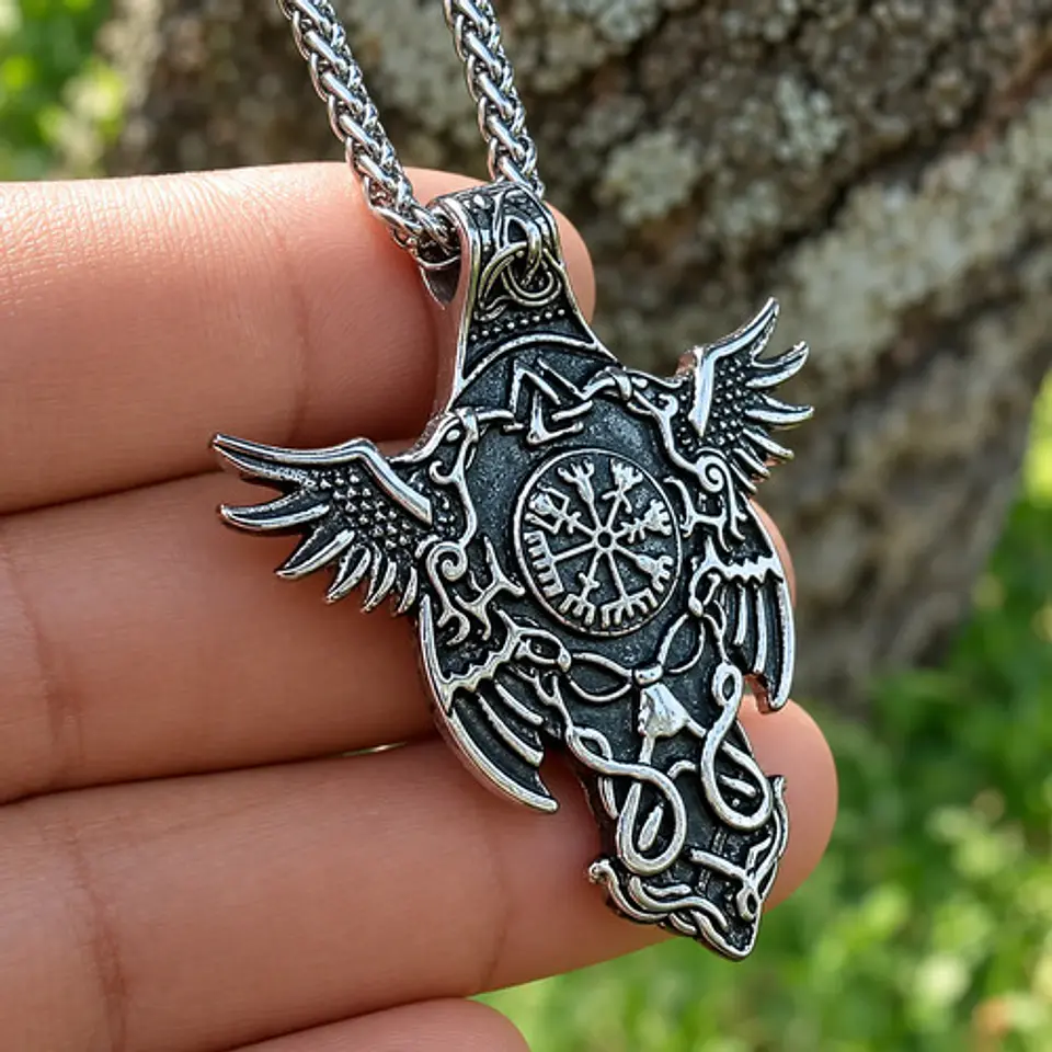Collar Vikingo Para Hombres Dije Cuervos Brújula Vegvisir 8