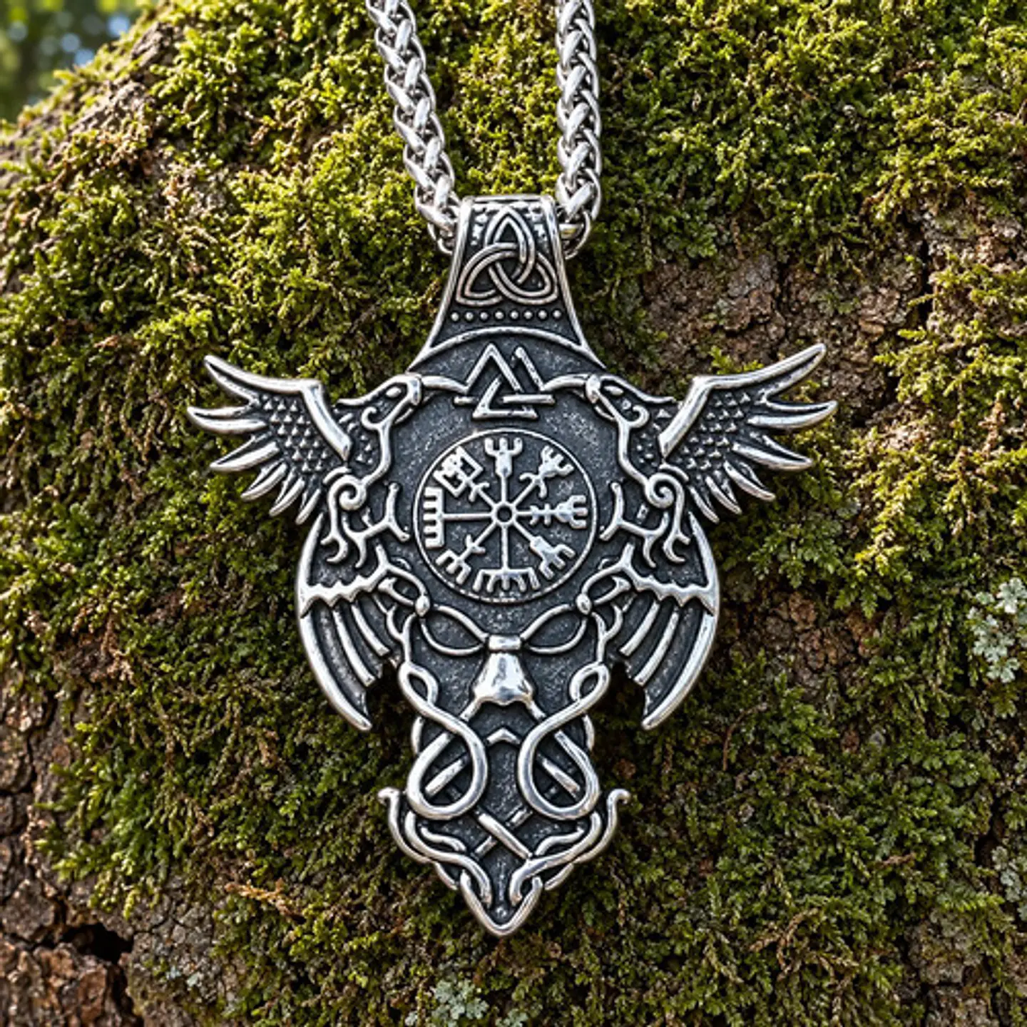 Collar Vikingo Para Hombres Dije Cuervos Brújula Vegvisir 9