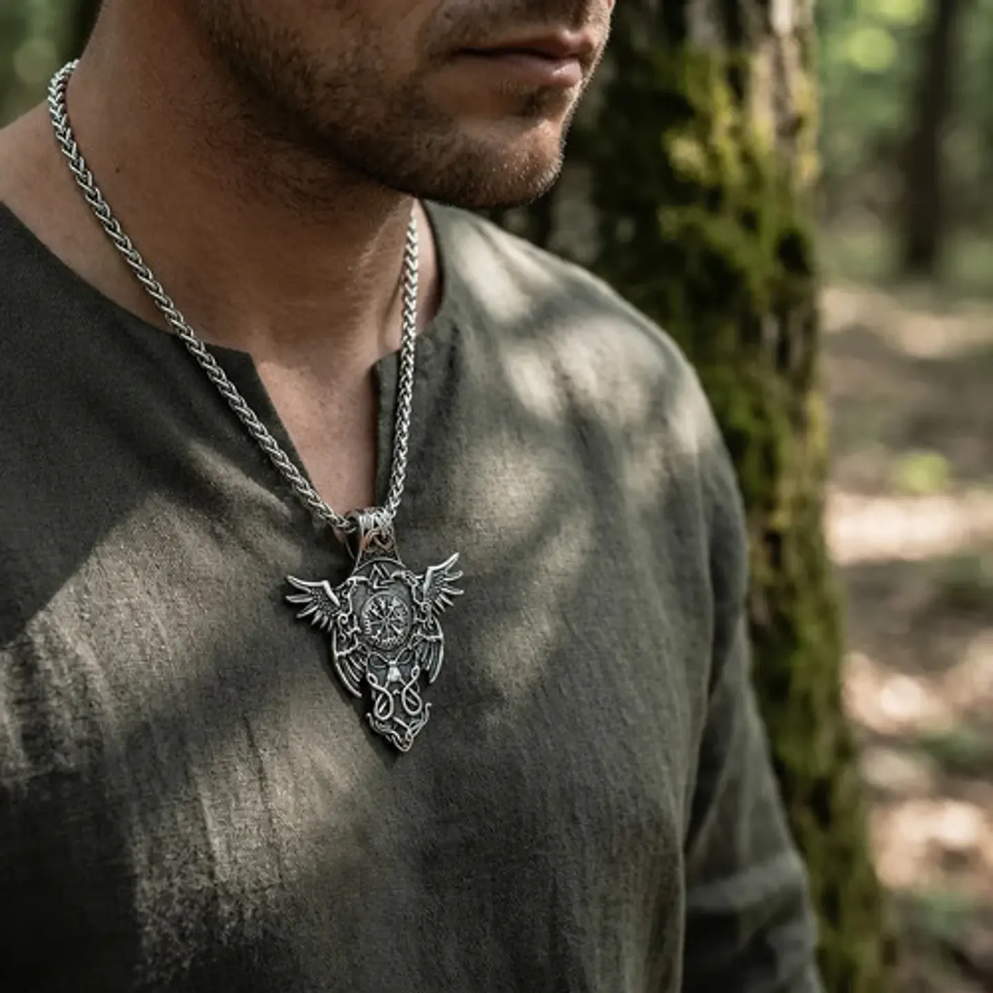 Collar Vikingo Para Hombres Dije Cuervos Brújula Vegvisir 11