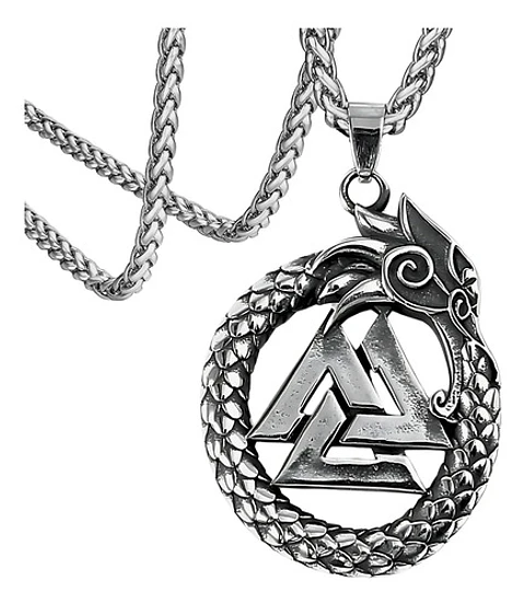Collar Para Hombre Con Dije Ouroboros Dragón Valknut Vikingo Plateado