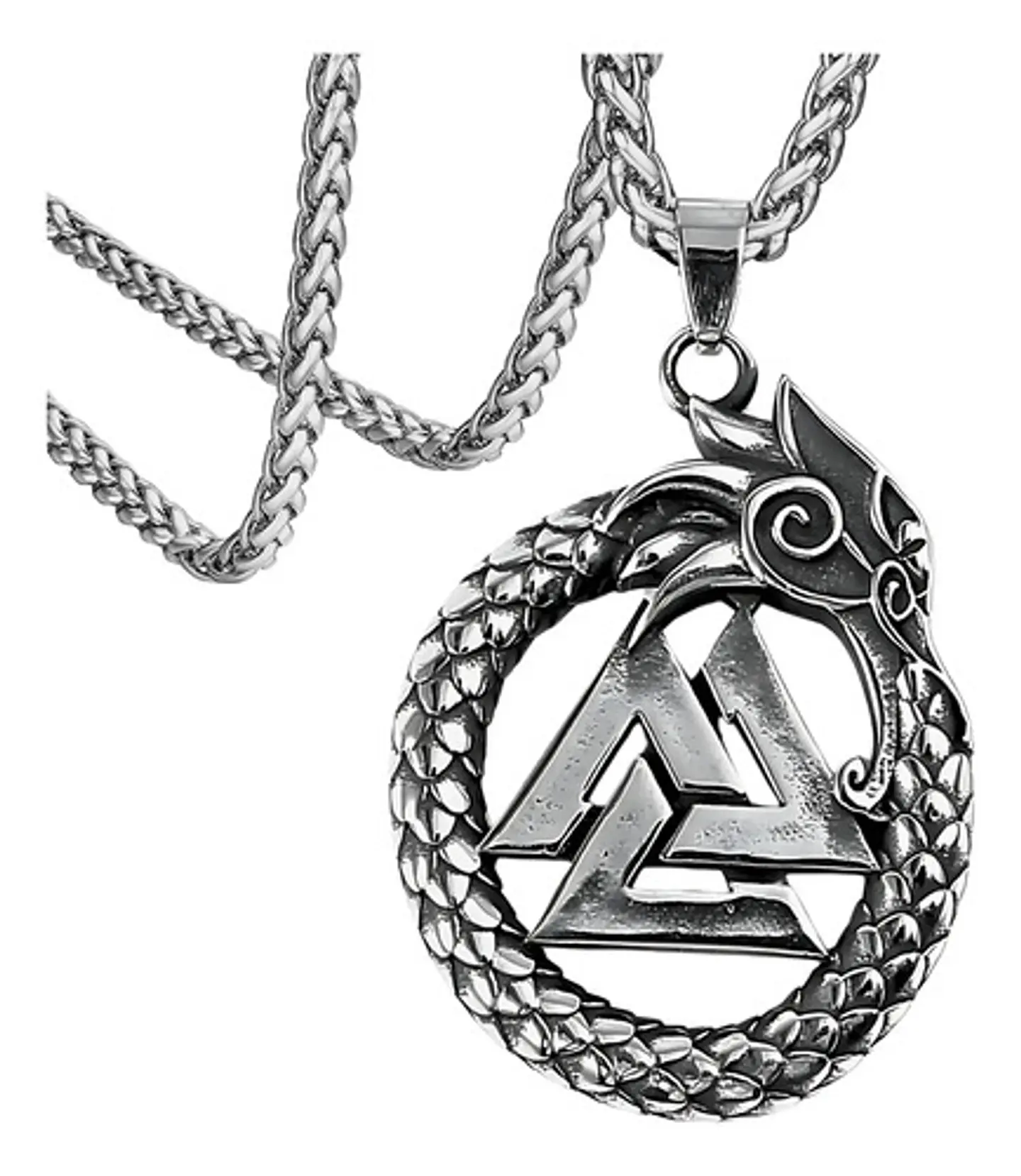 Collar Para Hombre Con Dije Ouroboros Dragón Valknut Vikingo Plateado 1