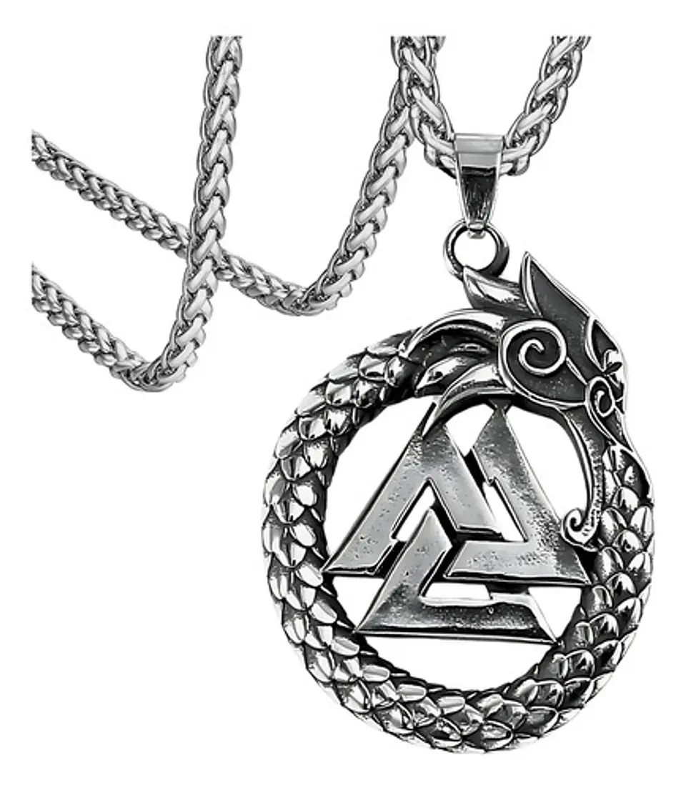 Collar Para Hombre Con Dije Ouroboros Dragón Valknut Vikingo Plateado 1