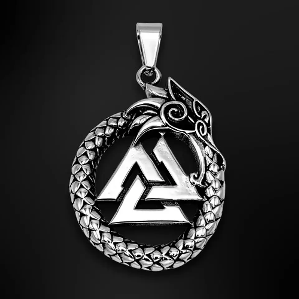 Collar Para Hombre Con Dije Ouroboros Dragón Valknut Vikingo Plateado 2