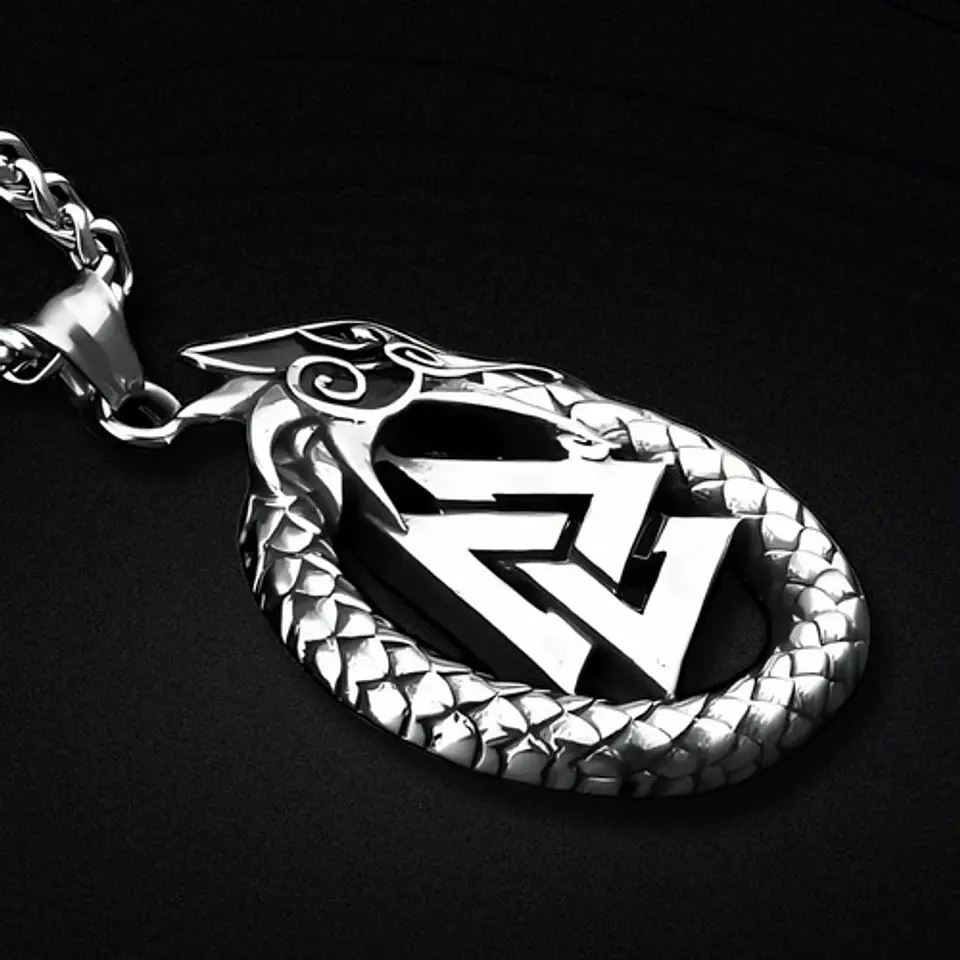 Collar Para Hombre Con Dije Ouroboros Dragón Valknut Vikingo Plateado 3