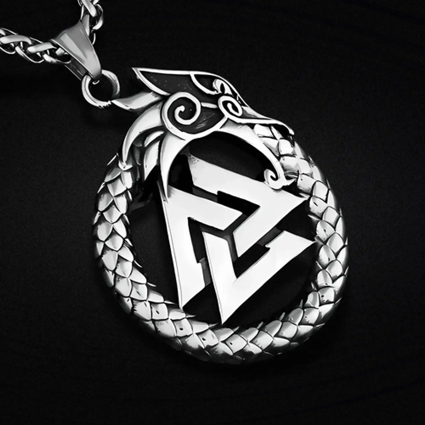 Collar Para Hombre Con Dije Ouroboros Dragón Valknut Vikingo Plateado 4