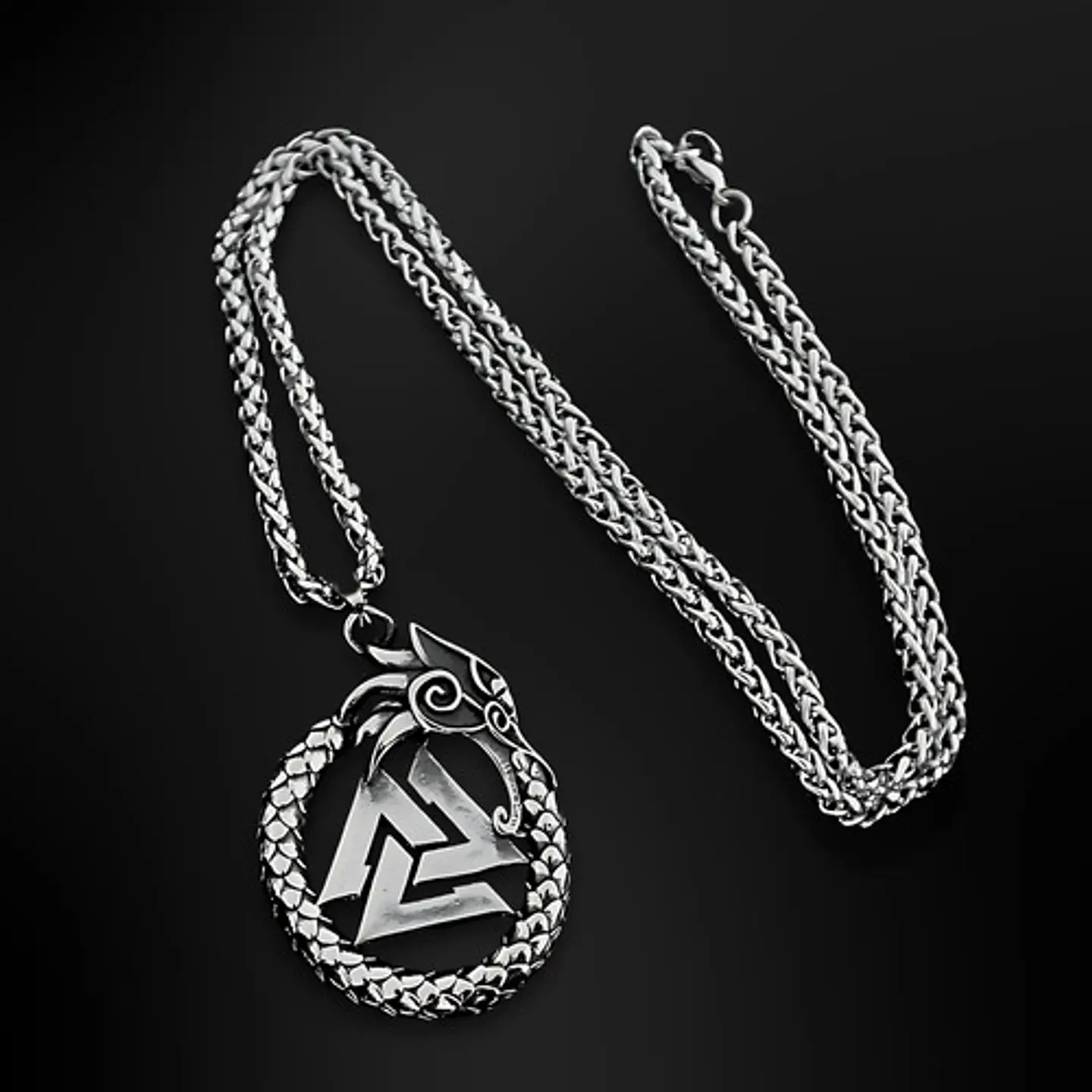 Collar Para Hombre Con Dije Ouroboros Dragón Valknut Vikingo Plateado 5