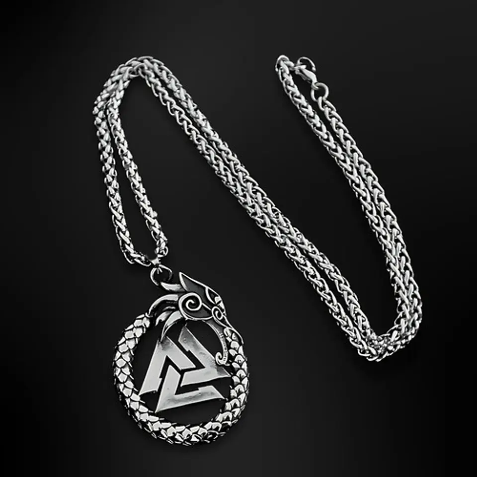 Collar Para Hombre Con Dije Ouroboros Dragón Valknut Vikingo Plateado 5