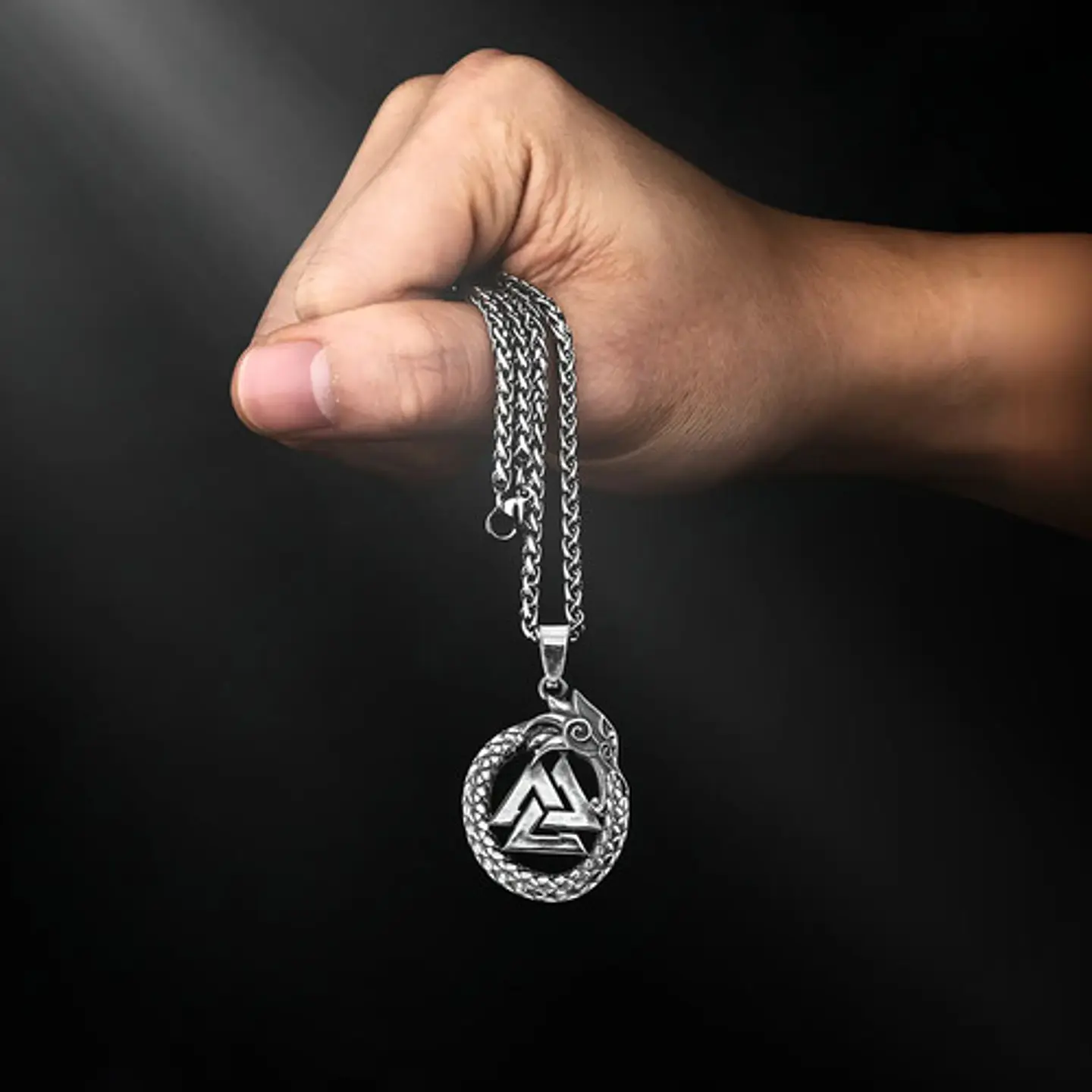 Collar Para Hombre Con Dije Ouroboros Dragón Valknut Vikingo Plateado 8