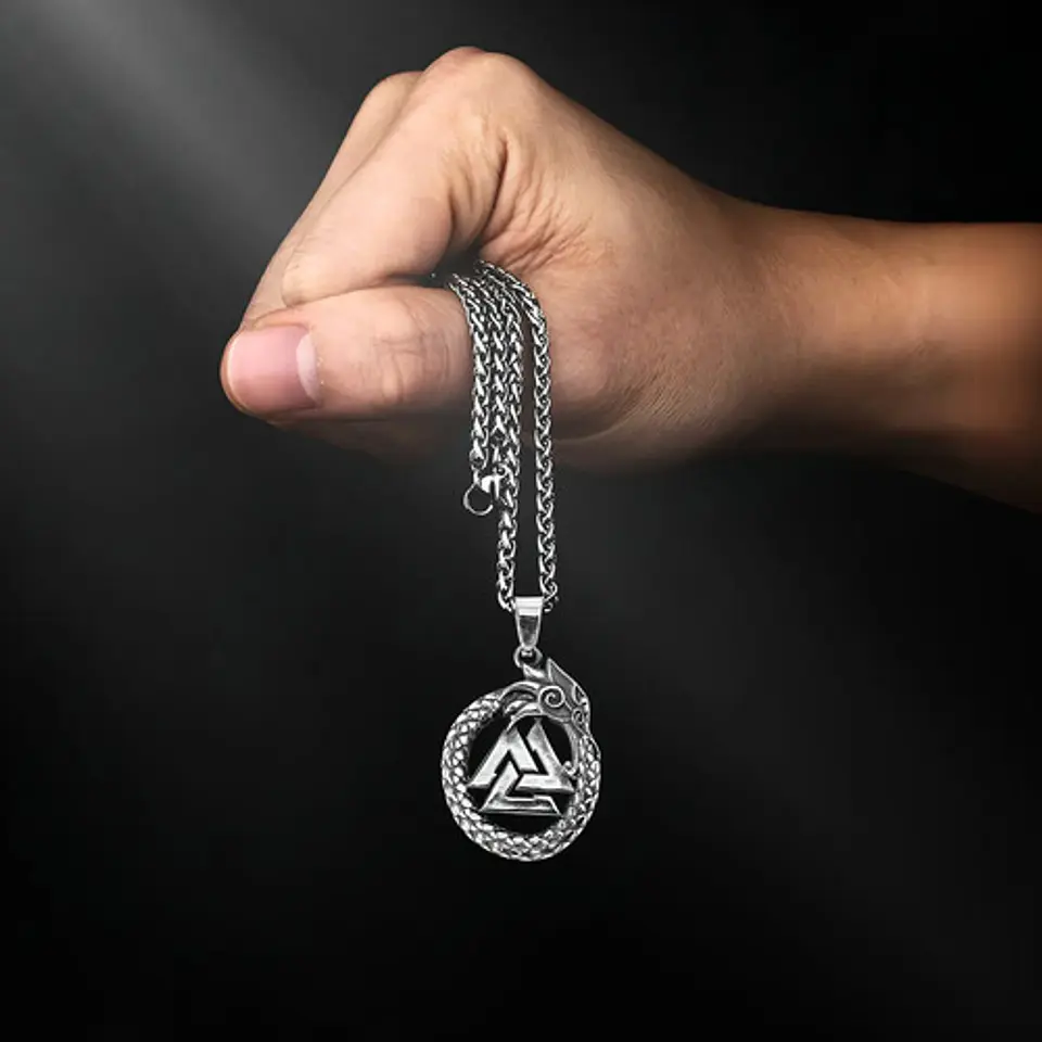 Collar Para Hombre Con Dije Ouroboros Dragón Valknut Vikingo Plateado 8