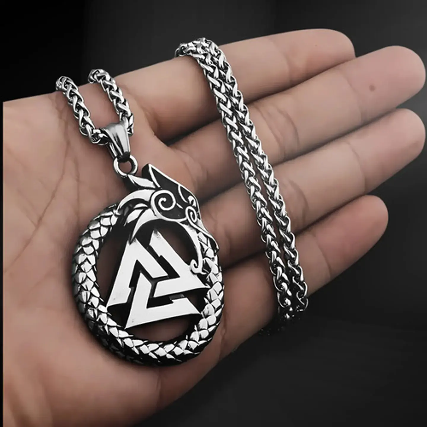 Collar Para Hombre Con Dije Ouroboros Dragón Valknut Vikingo Plateado 9