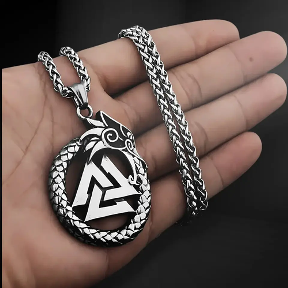 Collar Para Hombre Con Dije Ouroboros Dragón Valknut Vikingo Plateado 9