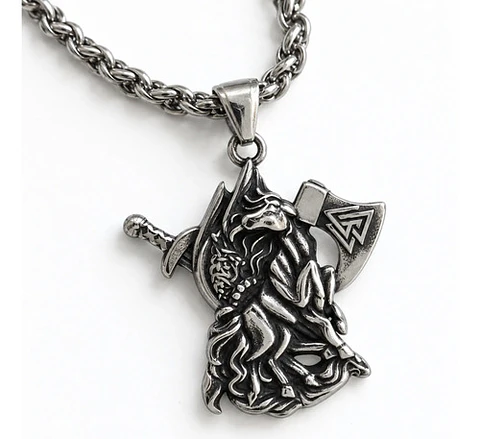 Collar Plateado Vikingo Hombre Dije Caballo Hacha Espada