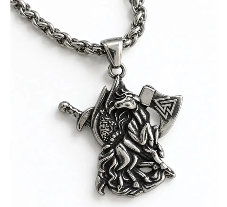 Collar Plateado Vikingo Hombre Dije Caballo Hacha Espada 1