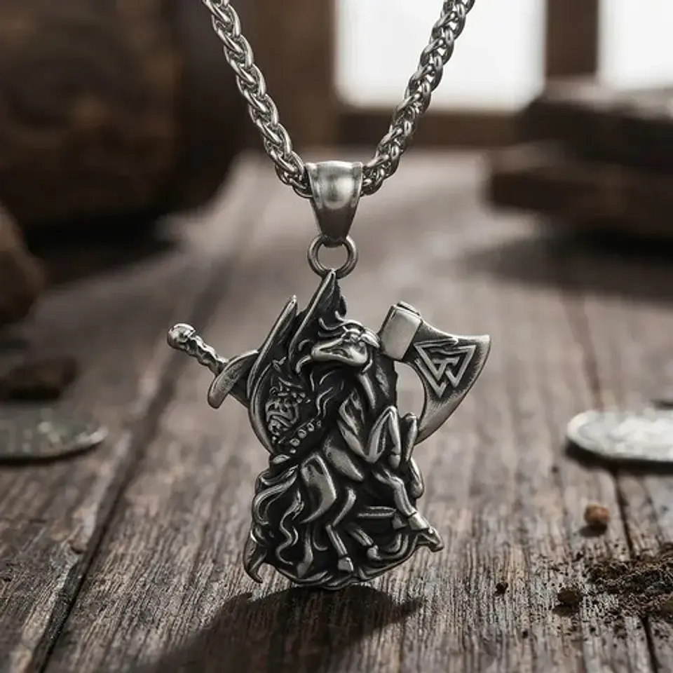 Collar Plateado Vikingo Hombre Dije Caballo Hacha Espada 2