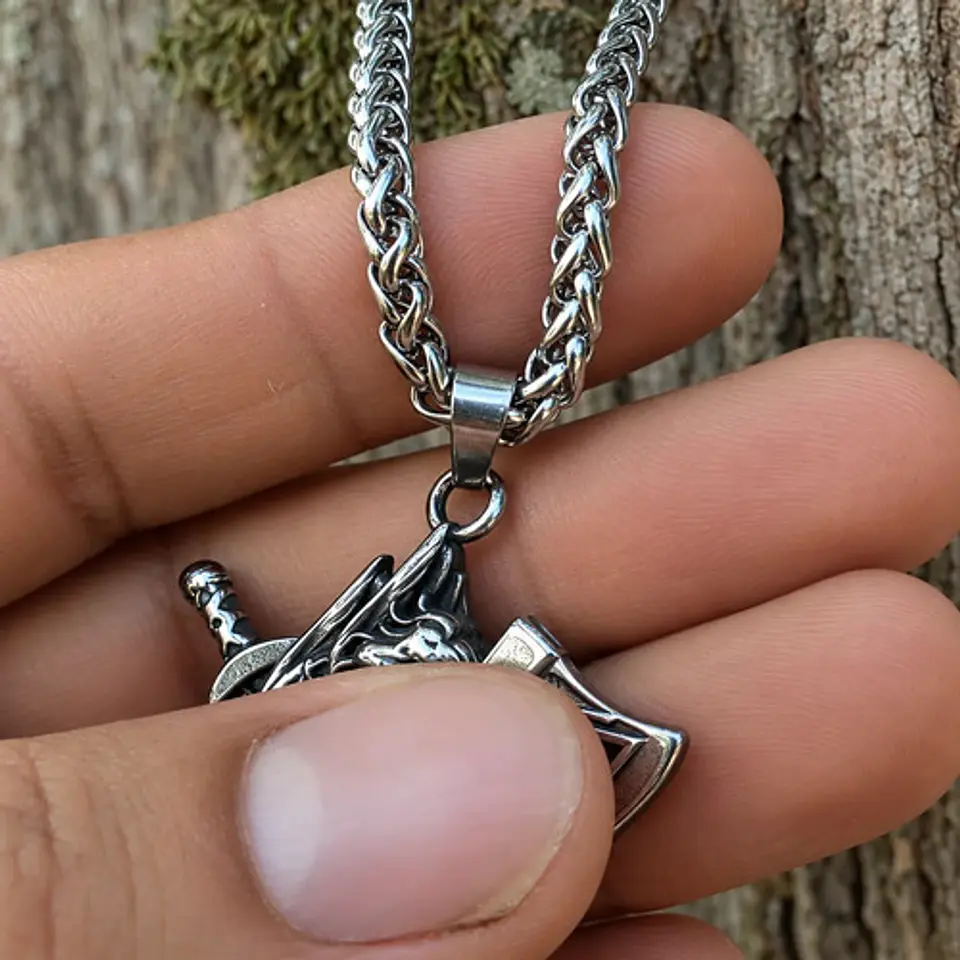 Collar Plateado Vikingo Hombre Dije Caballo Hacha Espada 9