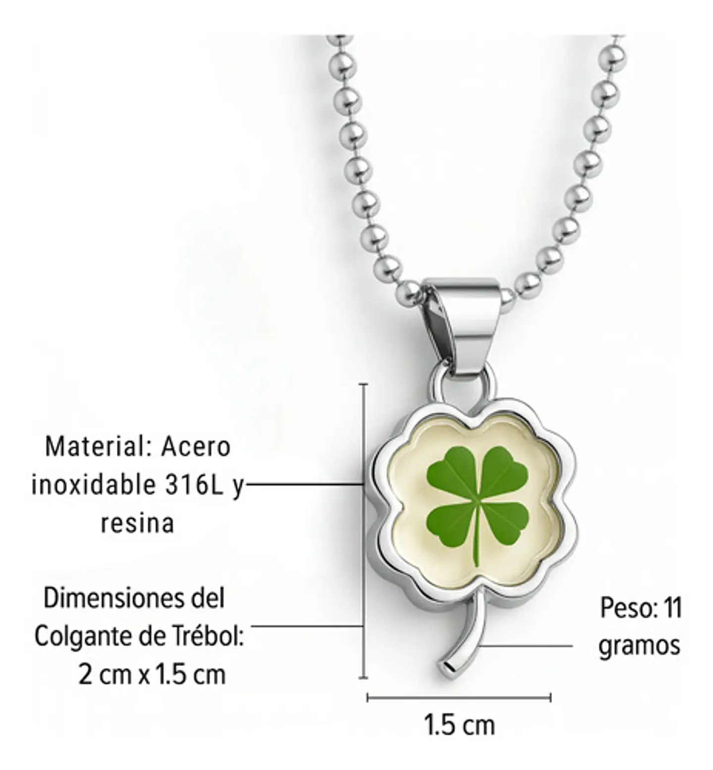 Collar Dije Para Hombre Y Mujer Trébol 4 Hojas Natural Acero 2
