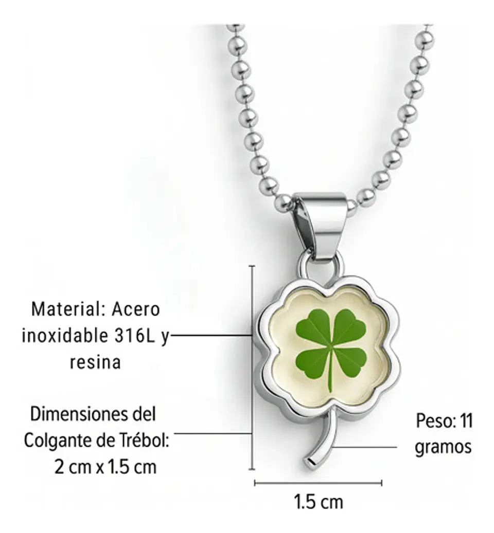 Collar Dije Para Hombre Y Mujer Trébol 4 Hojas Natural Acero 2