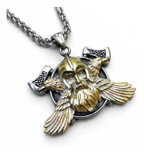 Collar Vikingo En Acero Bicolor Para Hombre Dije Odin Cuervo